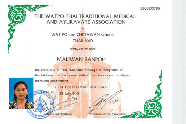 Wat Po Thai Traditional Massage certificate — Maliwan Malone