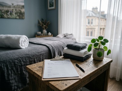 A health history form and pen on a wooden side table beside folded towels and a small plant, sunlight through a window in a